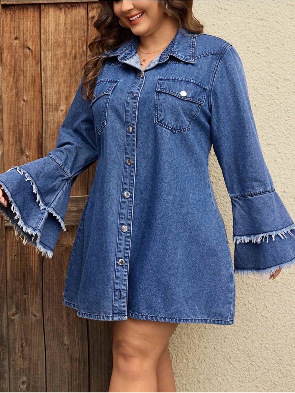 Denim Dress with Fringe Flare Sleeves